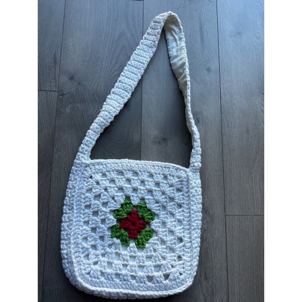 Vintage Two-Sided Lined Granny Core Floral Square Crochet Tote crossbody